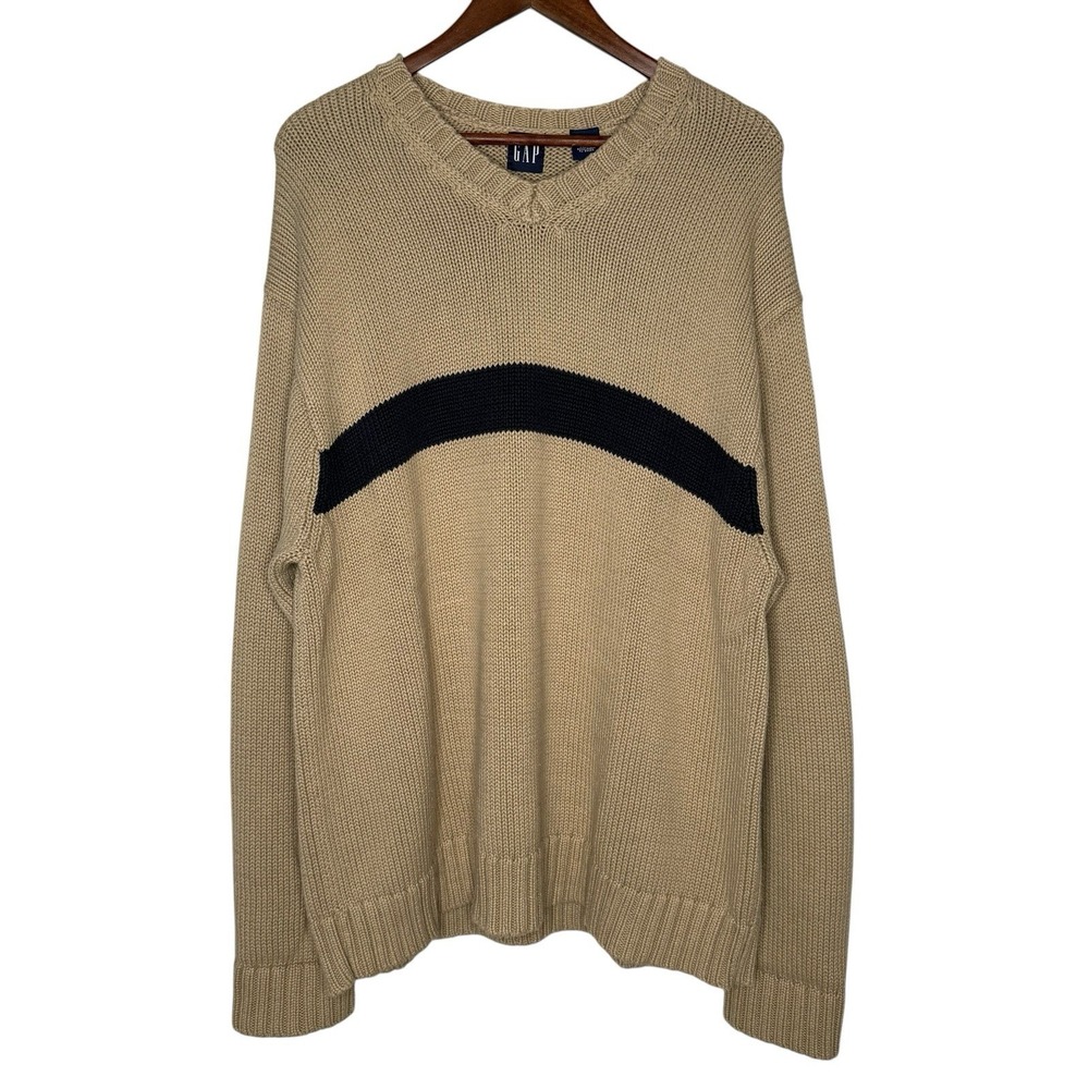 Vintage Y2K 2001 Gap Sweater Mens XXL Heavy Knit V Neck Cotton Stripe Classic